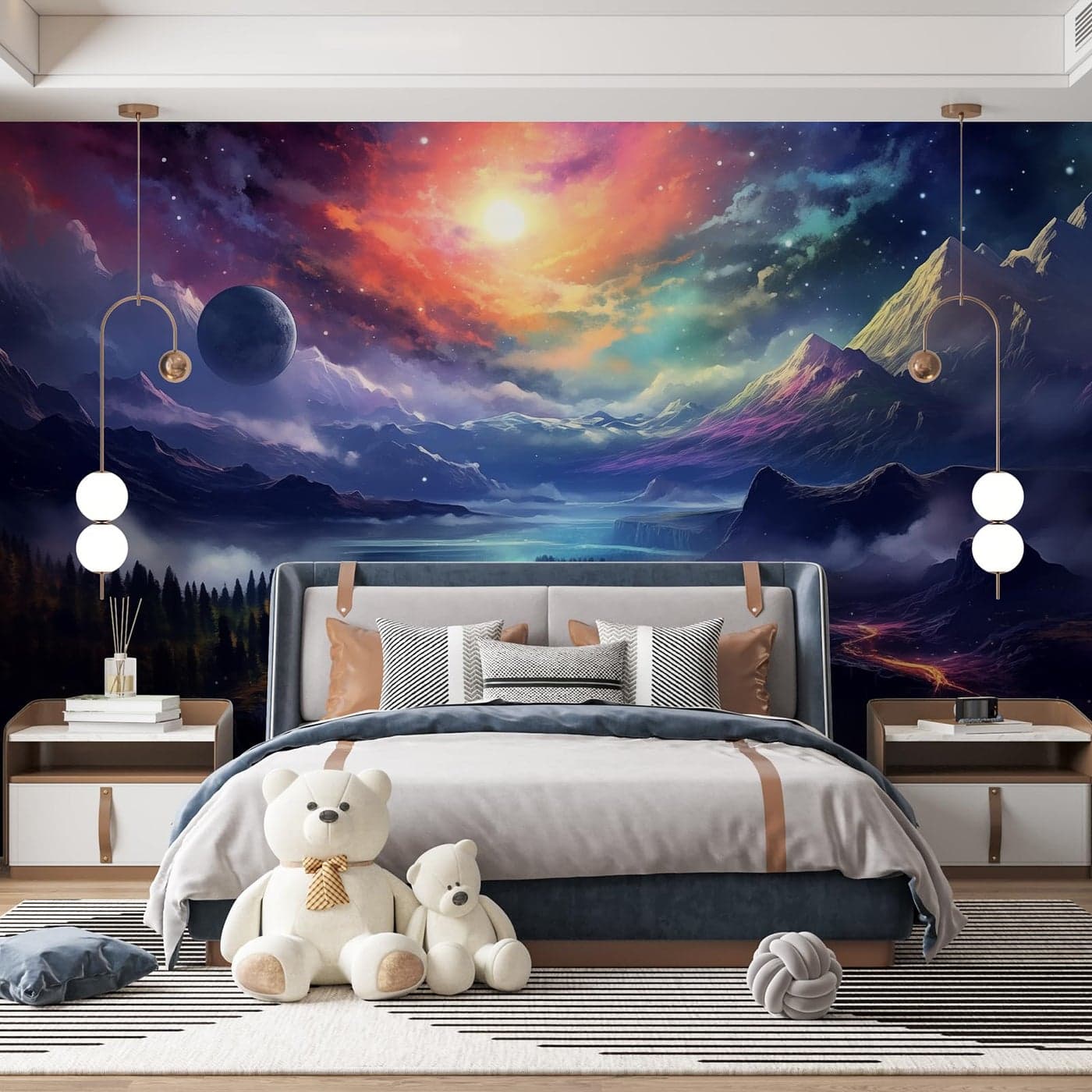 Fantasy Galaxy Mountain Wall Mural Colorful Galaxy 148 W x 98 H Planets Mountain Wall Murals Peel and Stick Canyon Rivers Purple Clouds Wallpaper Landscape Wall Decor for Living Room Bedroom