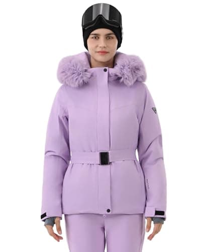 HIGH EXPERIENCE Women's Ski Jacket Snowboard Fitted Slim Belted Snow Coat Warm Winter Mountain Waterproof Windproof Insulated Hooded (US, Alpha, Medium, Regular, Regular, Light Purple)
