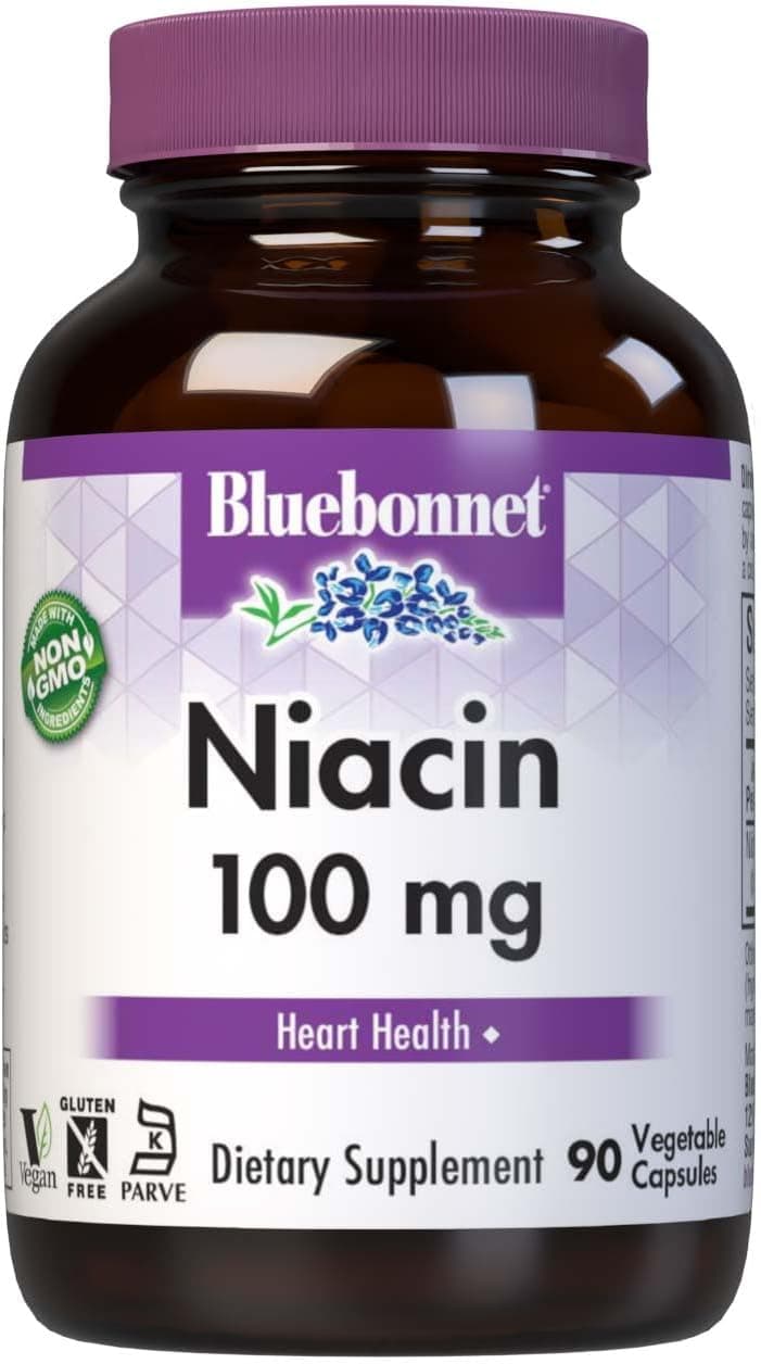 Bluebonnet Niacin 100mg Vitamin B3 Nicotinic Acid Heart Health Support for Women Men NonGMO Vegan Kosher GlutenFree SoyFree DairyFree Flush Niacin Supplement 90 Vegetable Capsules