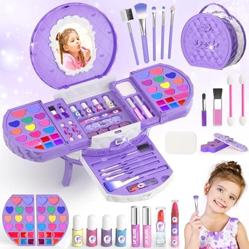 PERRYHOME Kids Makeup Sets for Girls 58 59 Pcs Washable Real Cosmetic Set with Mirror NonToxic Girls Makeup Kit Toddler Nail Polish Kit Princess Toys Birthday Gifts for 312 Years OldPurple