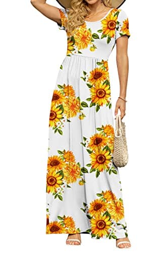 DB MOON Women's Casual Maxi Dresses Short Sleeve Empire Waist Long Dress for Beach with Pockets(White Sunflower, M)