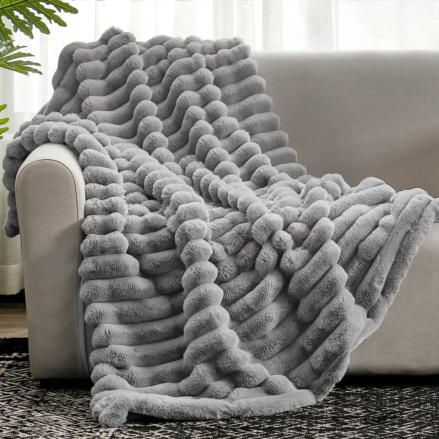 Cozy Bliss Faux Fur Throw Blanket for Couch Cozy Warm Plush Striped Blanket for Sofa Bedroom Living Room 50 60 Inches Gray