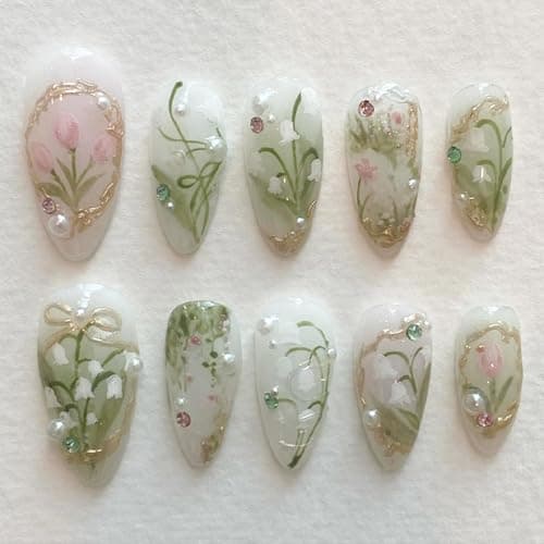 LBPEPAMZ Green Press on Nails Medium Almond Fake Nails with 3D Pearl Rhinestones Designs Gold French Tips Flower Acrylic Nails False Nails White Floral Full Cover Glossy Stick on Nails for Women 24Pcs