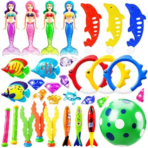 Jasonwell Pool Diving Toys Games 32PCS Swimming Mermaid Pool Toys with Dive Rings Gems Beach Ball Underwater Treasures Torpedo Bandits Fish Swim Toy etc Bath Water Toy Training Gifts for Kids Adult
