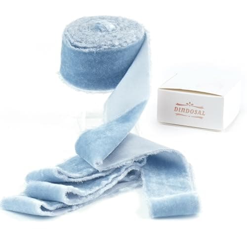 DINDOSAL Dusty Blue Frayed Velvet Ribbon 15 Inch x 3 Yards