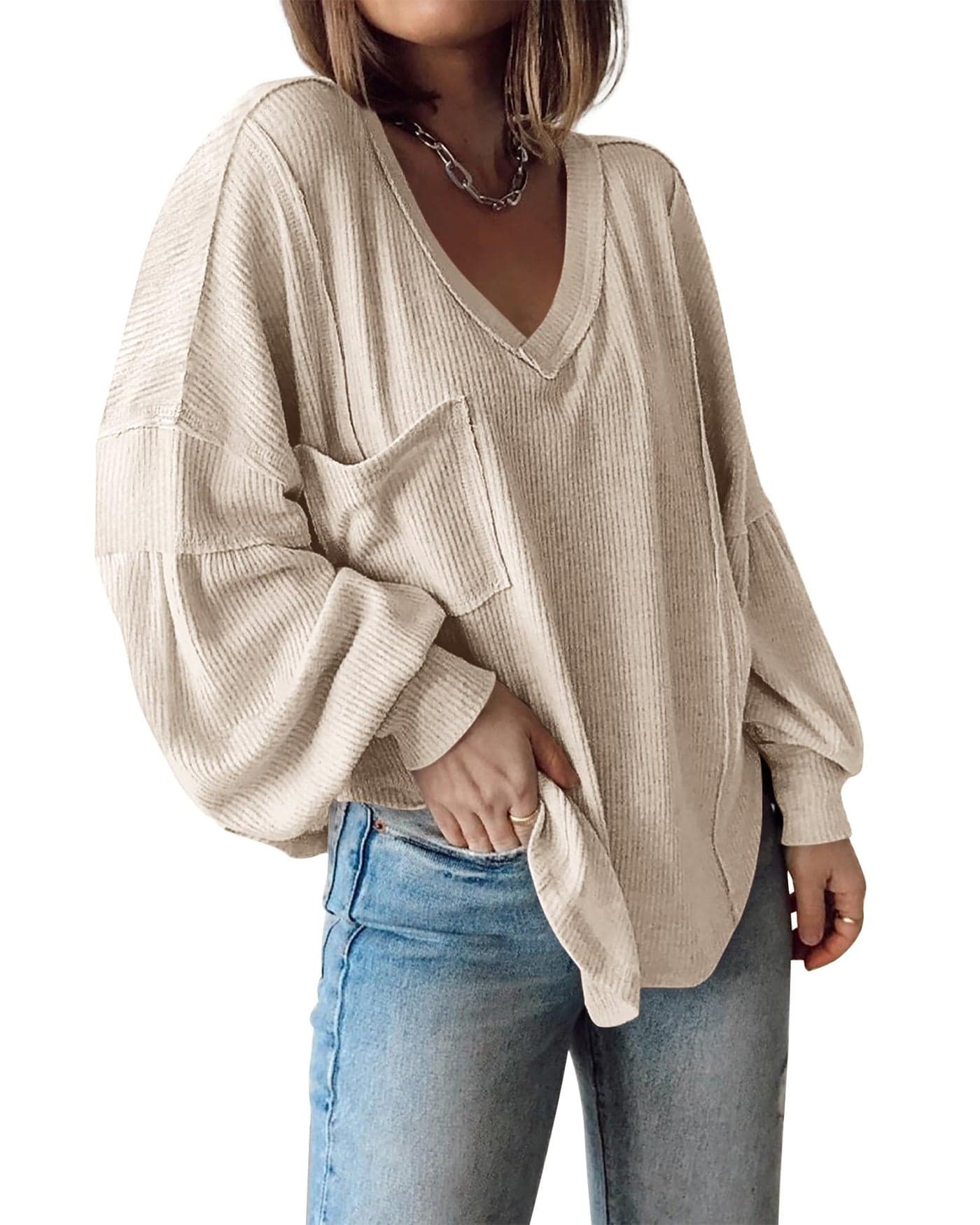 BTFBM Womens Fall Fashion 2025 Long Sleeve Shirts Casual V Neck Ribbed Knit Blouses Pullover Trendy Loose Fit Tunic Tops(Apricot, Medium)