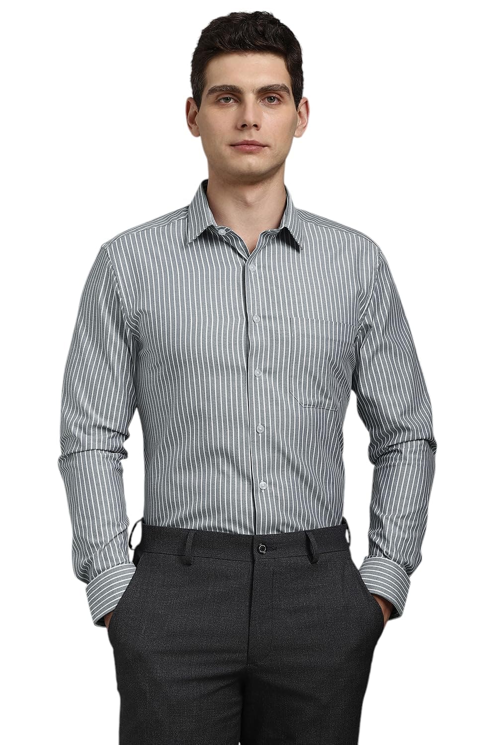 Louis Philippe Men Cotton Striped Slim Fit Shirt (LPSFMSLPR30093_Grey, 40