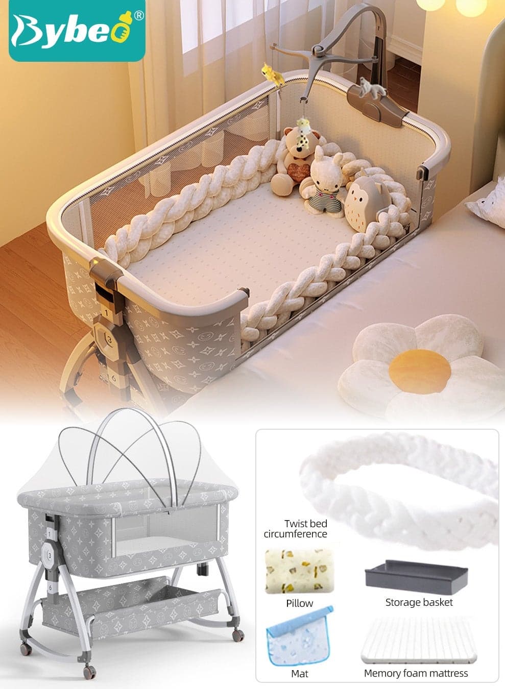 7PCS Baby Bedside Crib, Baby Bed with 360° Swivel Wheels, Portable Folding Bassinet for Infant Newborn, Nursery Beds with Mosquito Net, Mat, Basket, Cooler, Pillow, and Twisted Bed Rails