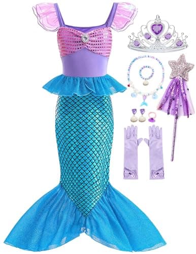 Luzlen Little Girls Mermaid Princess Costume Party Dress for Toddler Kids Baby Halloween Cosplay Dress Up with Accessories Blue 34 YearsTag 110