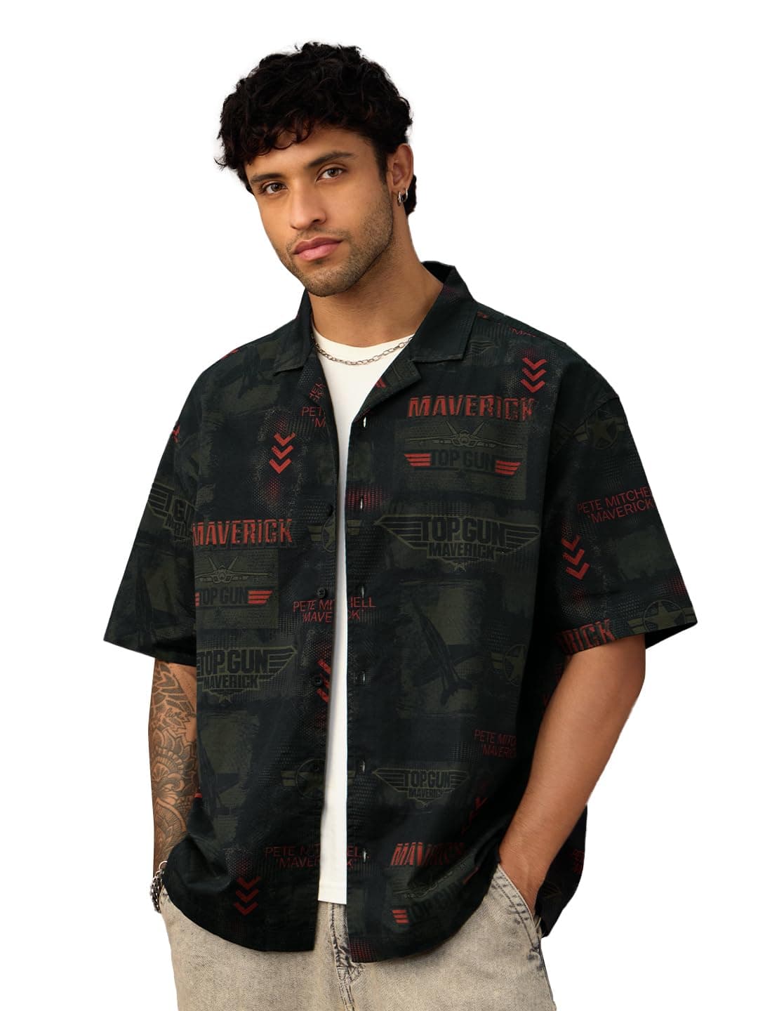 The Souled Store Top Gun: Aviator Men and Boys Short Sleeve Cuban Collar Button Front Dark Green All Over Printed Cotton Oversized Fit Holiday Shirt
