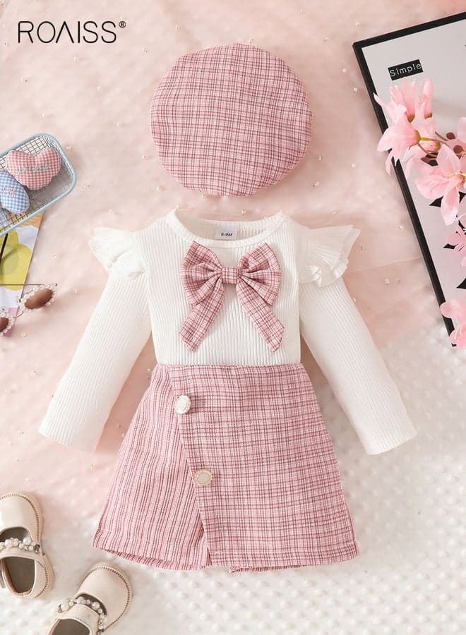 3PCS Baby Girl Clothes Set, Stylish Outfit with Bowknot Top, Plaid Pantskirt and Beret, Long Sleeve Top and Divided Skirt Set with Hat, Suitable for Wedding Ceremonies, Performances and Outdoor Activities