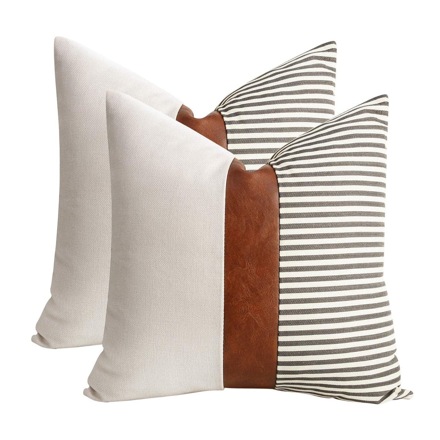 cygnus 16x16 inch Pillow Covers Set of 2 Farmhouse Decor Stripe Patchwork Linen Throw Pillow Covers Modern Faux Leather Covers for Couch Sofa Gray