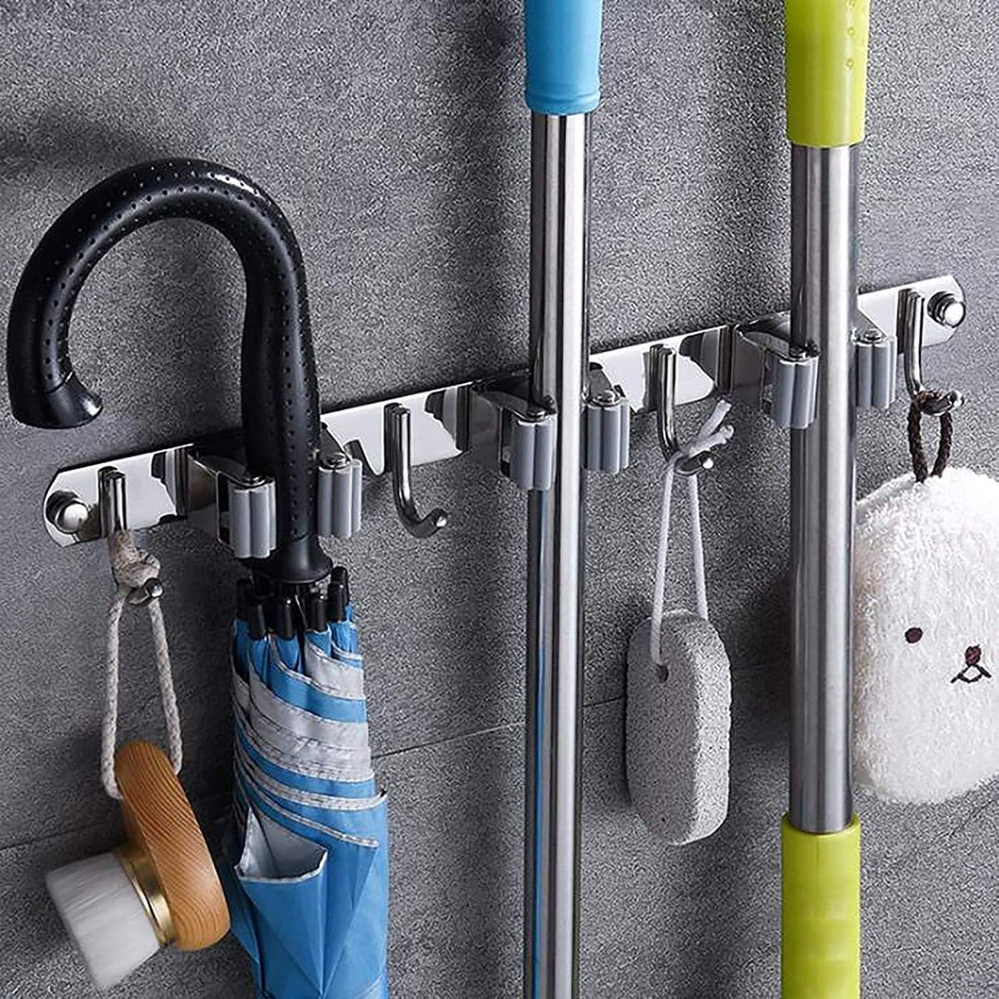 Kepzell Mop Broom Holder organizer No Drill Wall Mounted Heavy Duty with Hooks Hanger Storage Rack for Bathroom Kitchen Office Silver3 Racks 4 Hooks
