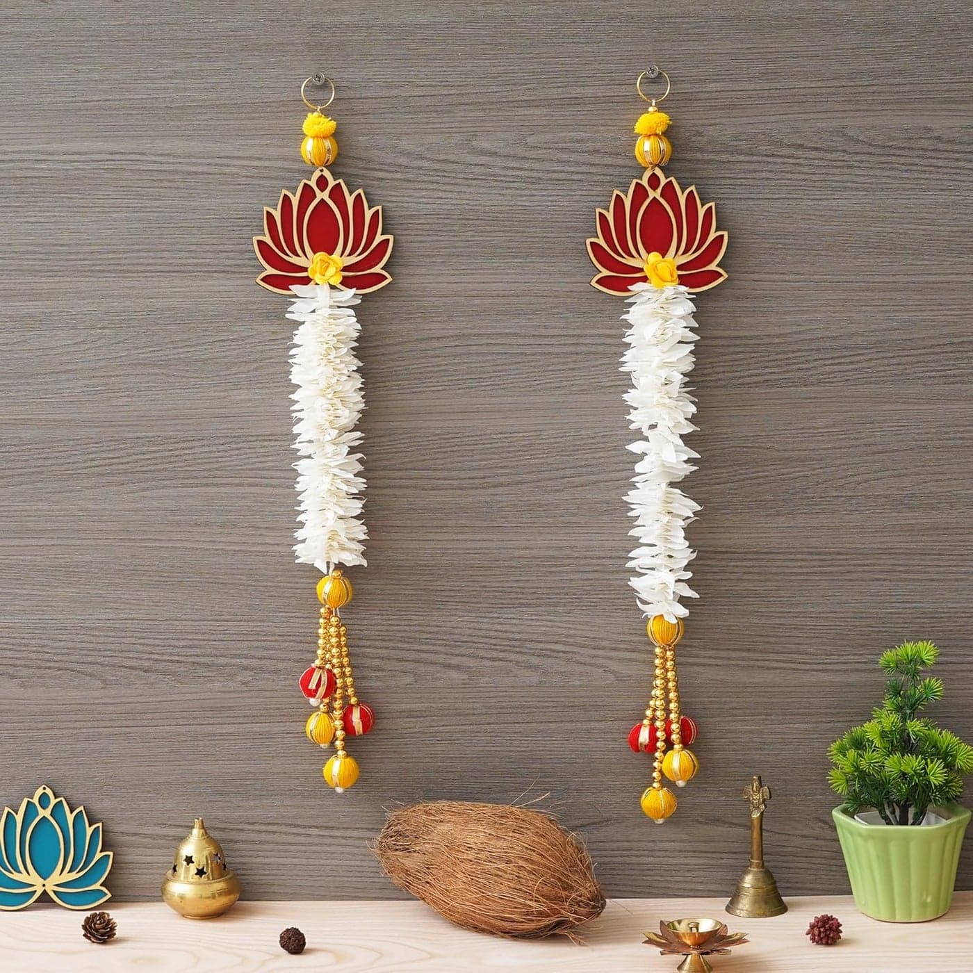 Webelkart Premium White and Gold Lotus Wall Hanging Wall Decor |Temple Decor Home and Office Decor| Lotus Back Drop Hanging (Set of 2) (Red)