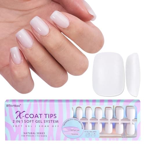 BTArtboxnails XS Short Square Gel Nail Tips Pre Colored Milky White Soft Gel Nail Tips Milky White Press on Nails Natural XCOATTIPS Pre Applied Tip Primer