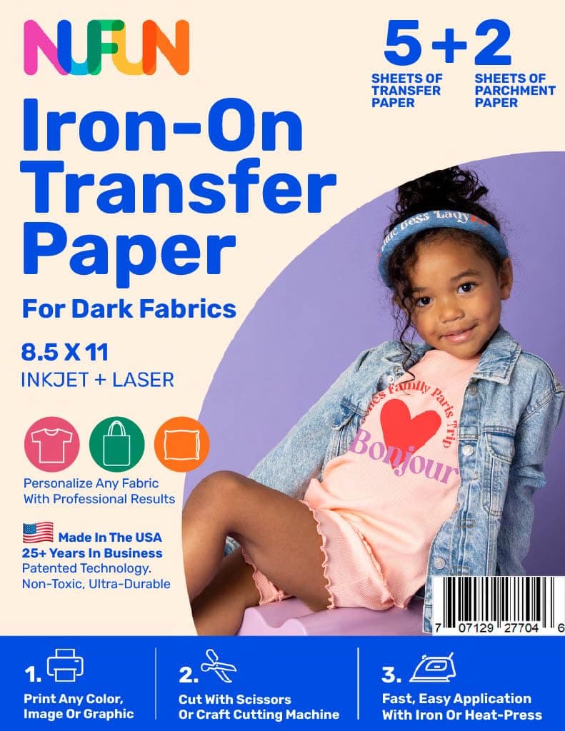 NuFun Activities Printable Ironon Heat Transfer Paper for T Shirts Dark Fabrics 5 Sheets 85 x 11 inch Long Lasting Durable Professional Quality Easy DIY NonToxic Made In the USA