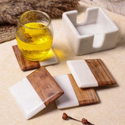 DREAMY WALLS Marble Coasters Set of 4 with Holder, Acacia Wood Inlay, Dining Table Coasters for Hot Pots Tea & Coffee Mugs Table Coasters Decorative Items for Home Decor