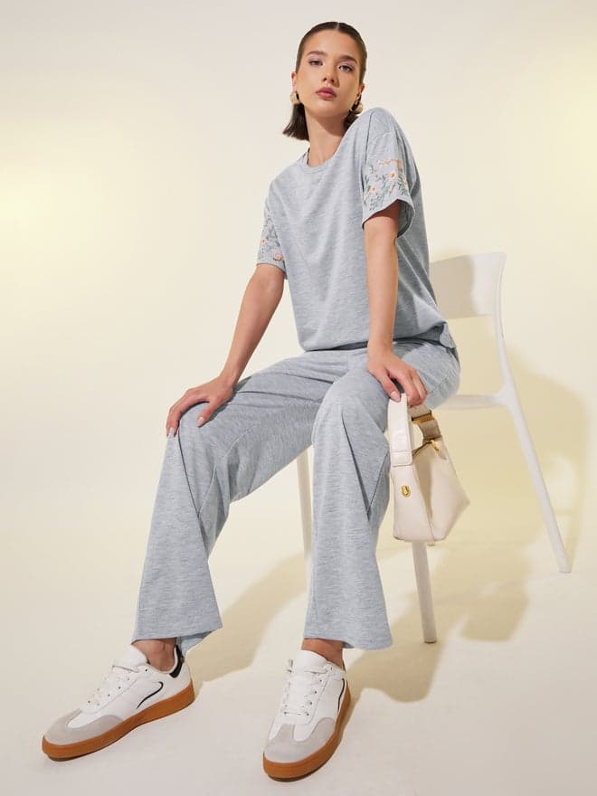 Embroidered Detail Short Sleeve T-Shirt and Pants Co-Ords