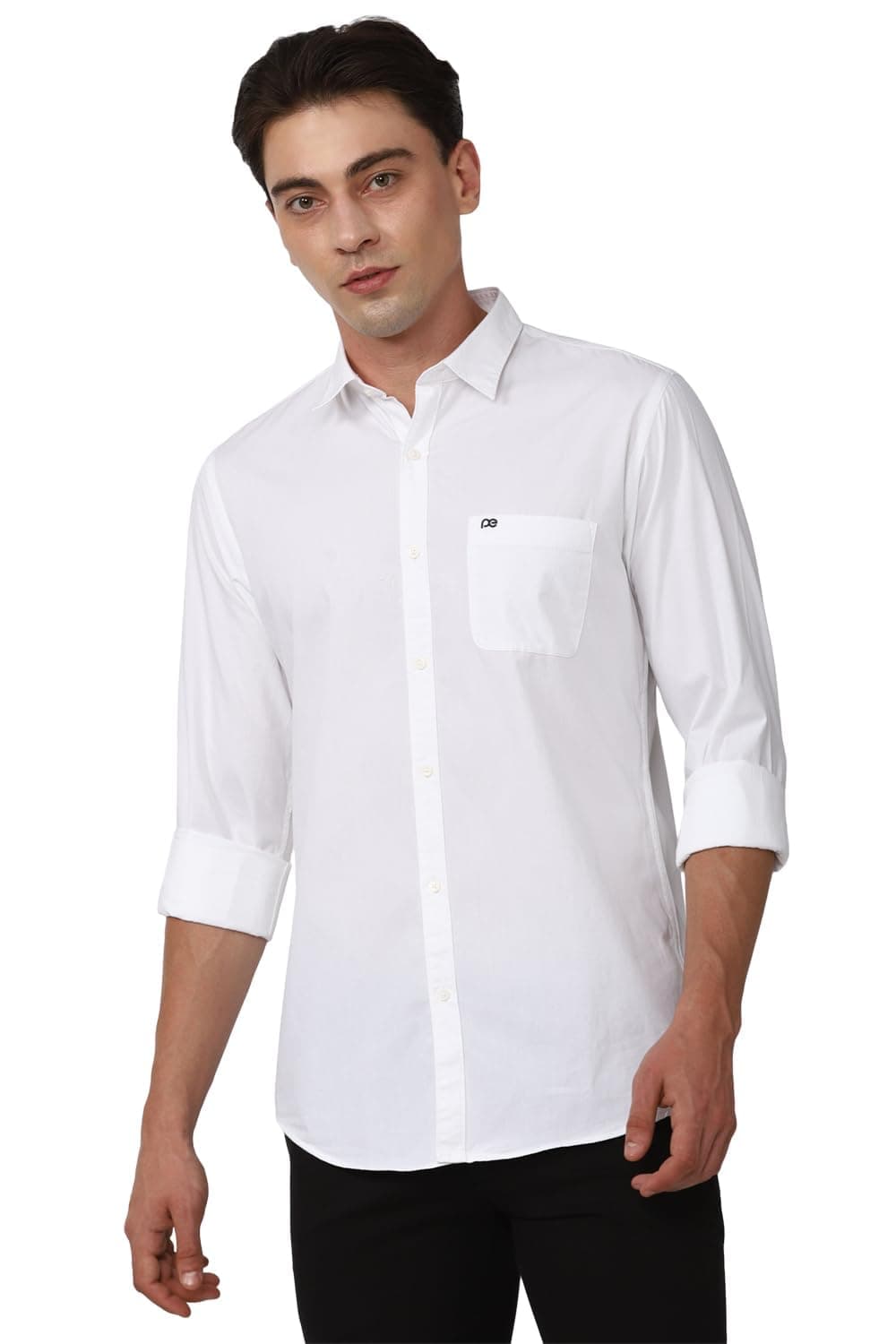 Peter England Men's Slim Fit Full Sleeve Cotton Solid Casual Shirt with Pocket White