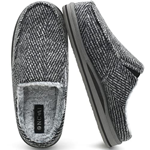 ONCAI Slipper for Men 2025 with Arch Support,Cotton-Blend Memory Foam House Slippers for Man Warm Strips Fluff Plush Wool-like Clogs with Rubber Sole Grey Size 11