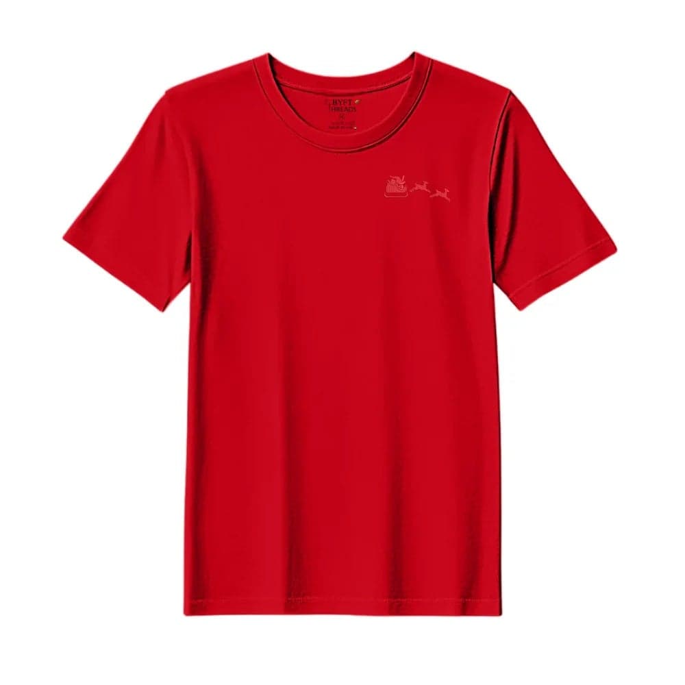 Threads XXL Red Polycotton T-Shirt - Christmas "Christmas Sleigh with Reindeer" Embroidered Design, Premium Holiday Collection