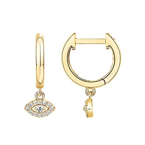 PAVOI 14K Yellow Gold Plated 925 Sterling Silver Post Good Luck Dangle Huggie Hoop Earrings For Women - Trendy Evil Eye Drop Hoop Earrings - Cubic Zirconia Small Hinged Huggies