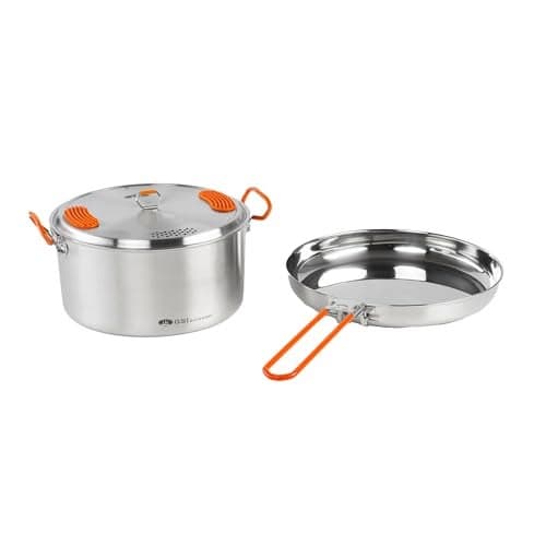 GSI Outdoors Glacier 3L Cookset Stainless Steel Camping Cookware Set with 3Liter Pot Frypan and Strainer Lid Nesting Design for Backpacking Hiking and Overlanding