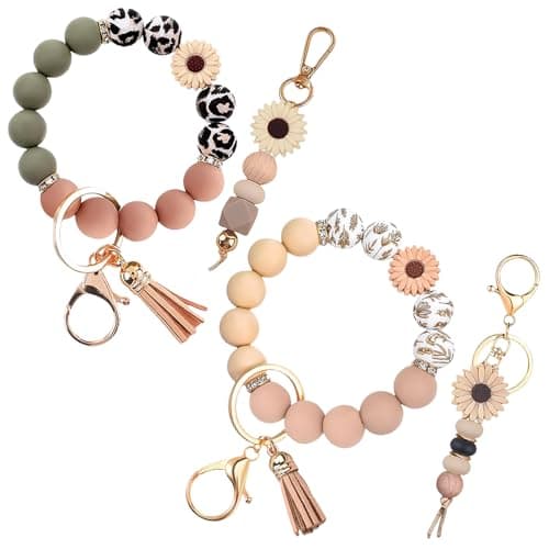 Qubusm 2PCS Bracelet Key Ring Set, Cute Car Key chain Wristlet, Silicone Beaded Bangle keyChains for Women Girls (Classic,Pink)