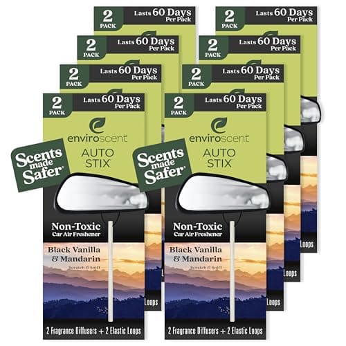 Enviroscent Non-Toxic* Car Air Freshener Auto Stix® - Scents Made Safer - Enjoy Fragrance Lasts Up to 480 Days - Includes Auto Stix® Diffusers & Elastic Loops - Black Vanilla & Mandarin (Pack of 8)
