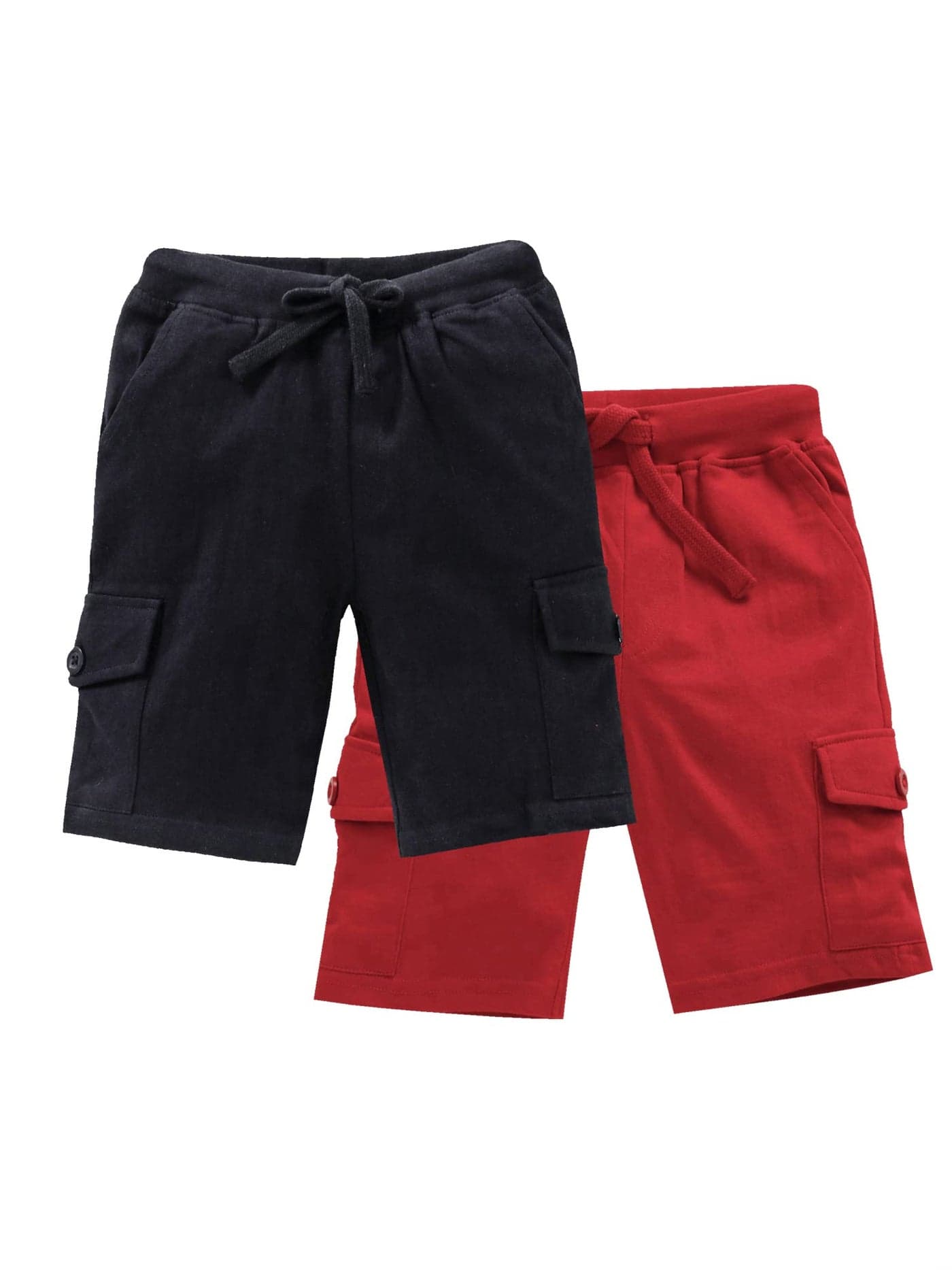 KiddoPanti Boy's Solid Knit Cargo Shorts Pack of 2|100% Cotton Single Jersey Knit|Drawstring Closure, Rib Waistband, 2 Front & 2 Cargo Pockets | Casual Half Pant, Jet Black & Red - 12-14Y