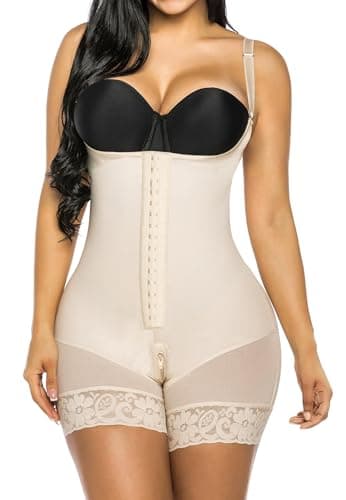 YIANNA Fajas Colombianas Shapewear for Women Tummy Control Post Surgery Compression Garment Body Shaper with Zipper Crotch,YA7260-Beige-XS