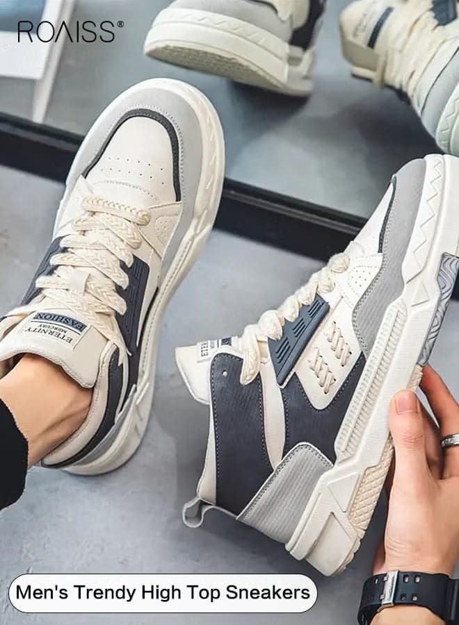 Men's Comfortable and Breathable Mid-High Lace-Up Sneakers Non-slip and Wear-Resistant Thick-Soled Round-Toe Outdoor Flat Shoes Campus Trendy Sports and Casual Shoes