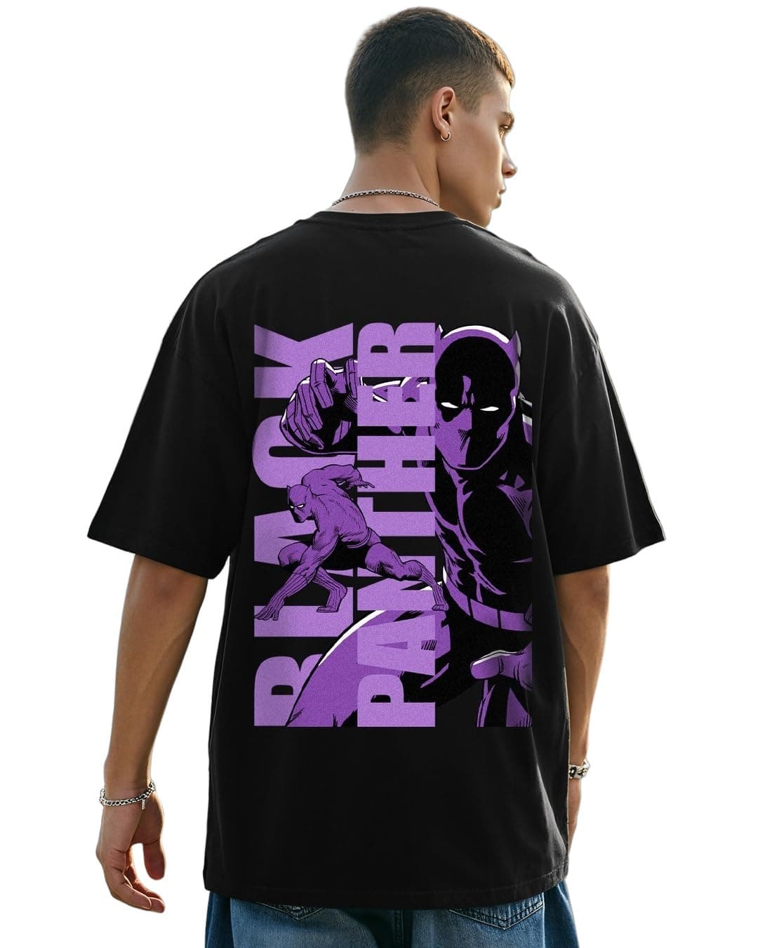 Bewakoof Official Marvel Merchandise Men's Graphic Printed Oversized Fit T-Shirt_624284_Black_S