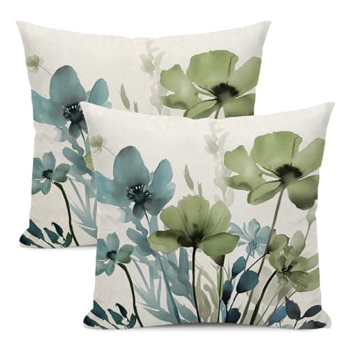 Floral Pillow Covers 20x20 Inches Set of 2 Sage Green Blue Floral Throw Pillow Covers Outdoor Rustic Spring Summer Flower Decoration Pillowcase Farmhouse Decorative Cushion Cover For Home Sofa