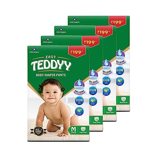 TEDDYY Easy Baby M Size Diaper Pant Style | 56 Count (Medium) | 7–12 kg (Pack of 4) | Long Protection Hours | Anti-Bacterial | Airy Breathable Fit | Rapid Soaker Channels with Wetness Indicator