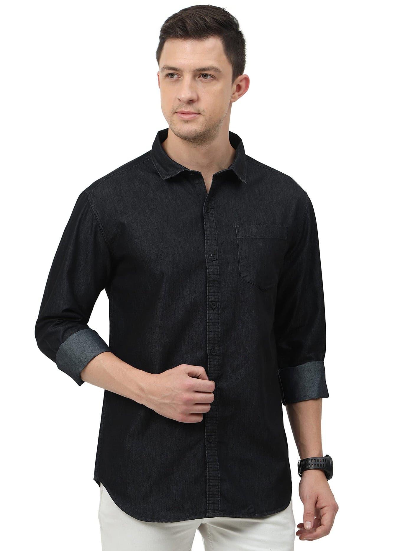 Miraan Men's Casual Black Denim Cotton Slim Fit Shirt (Sigblackdenimxl_Black_X-Large)