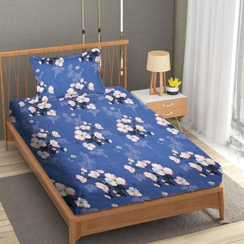 IVAZA 210 TC Cotton Single Bedsheet with 1 Pillow Covers Soft Wrinkle Free Brethable Easy Care (90X60 Inches,) Blue Flower