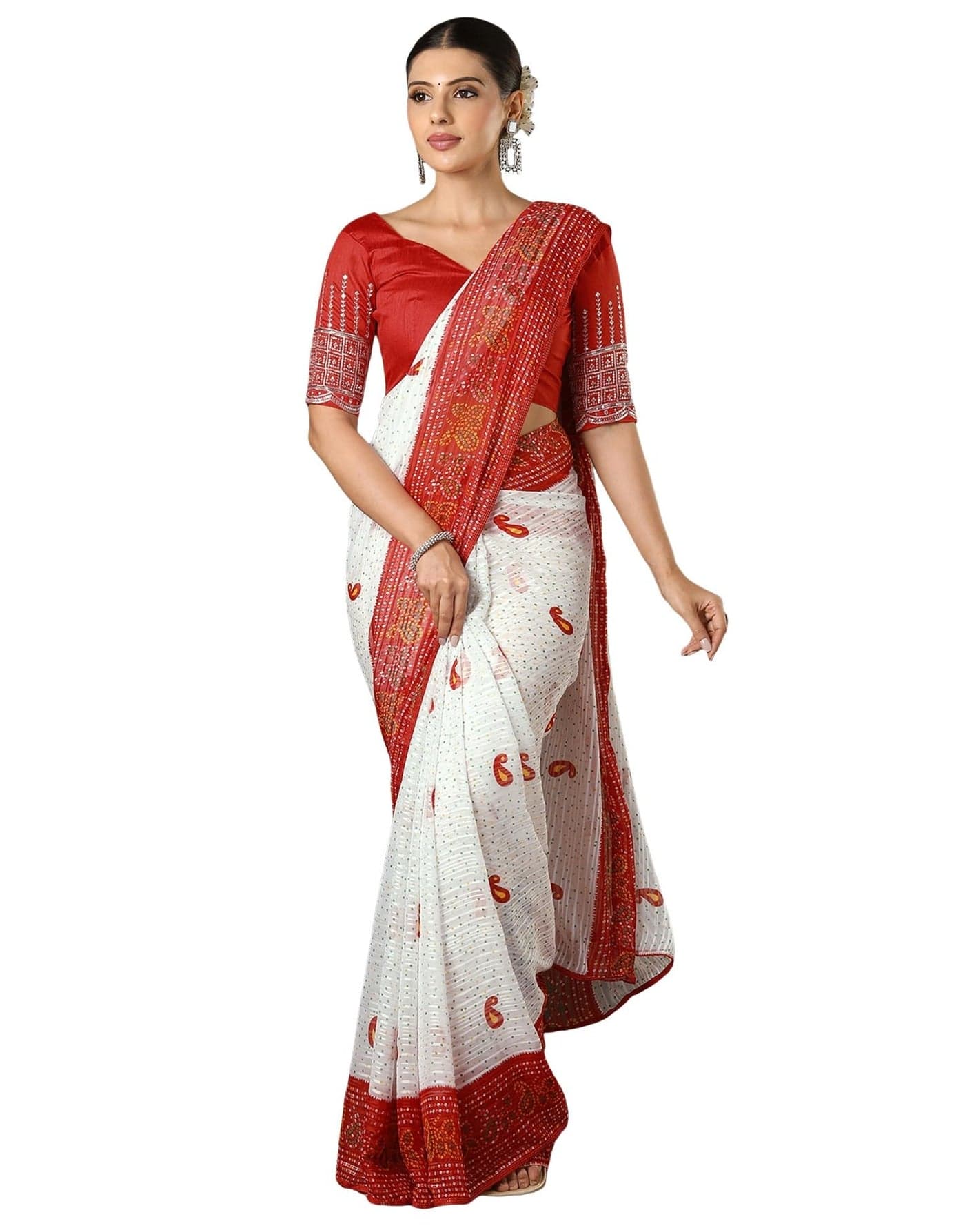 SIRIL Women's Georgette Zari Stripe Printed Bandhani Saree with Unstitched Blouse Piece (4358S274_Red & White)