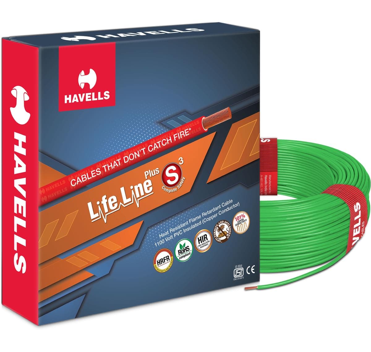 Havells LifeLine+ S3 | 1 sq.mm Copper Wire (90m-Green)| Class 2 Conductor (100% Copper), Heat Resistant & Flame Retardant - Ideal for Domestic & Industrial Use (WHFFDNGA11X0)