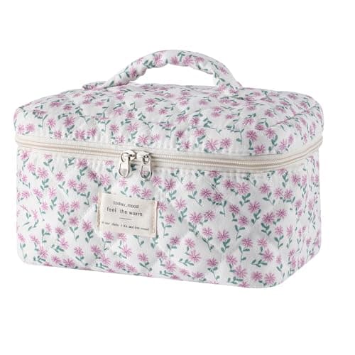 uekeboag Large Travel Quilted Makeup Bag for Women, Floral Cotton Cosmetic Bag, Coquette Aesthetic Floral Toiletry Organizer Bag(Little Purple Flower