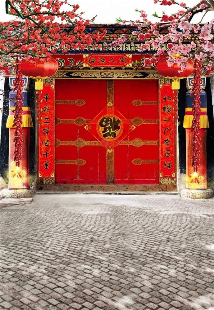 Laeacco Chinese Red Gate Backdrop 10x12ft Chinese New Year Backdrop Spring Festival Background Vintage Chinese Ancient Building Red Lantern Pink Plum Blossom Luck Arrival Blessing Chinese Style Photo