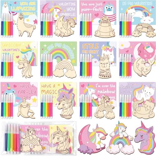 ojustbeok 24 Pack Valentines Day Cards Paint Set for Kids Valentines Unicorn Wood Painting Crafts Kit with Markers Valentine DIY Classroom Exchange Gifts for Kids School Girls Boys Class Party Favor