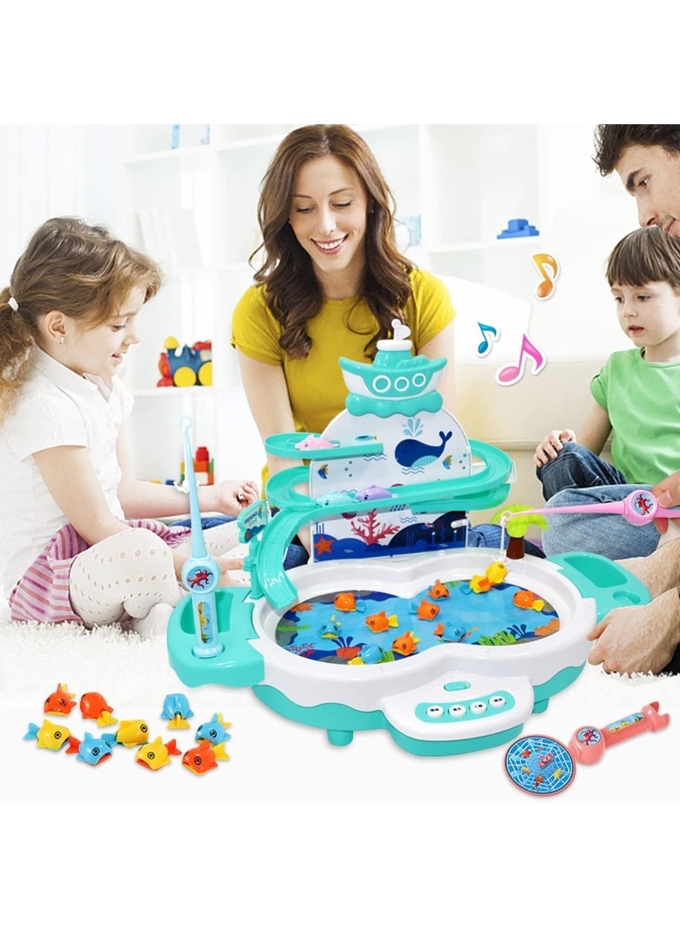 Magnetic Baby Fishing Toy Set, 3 in 1 Fishing Game for Toddlers & Kids with Slideway & Music Story, 20 Fish, 6 Dolphins, 2 Fishing Poles, Learning Educational Sound Effect Toys Green