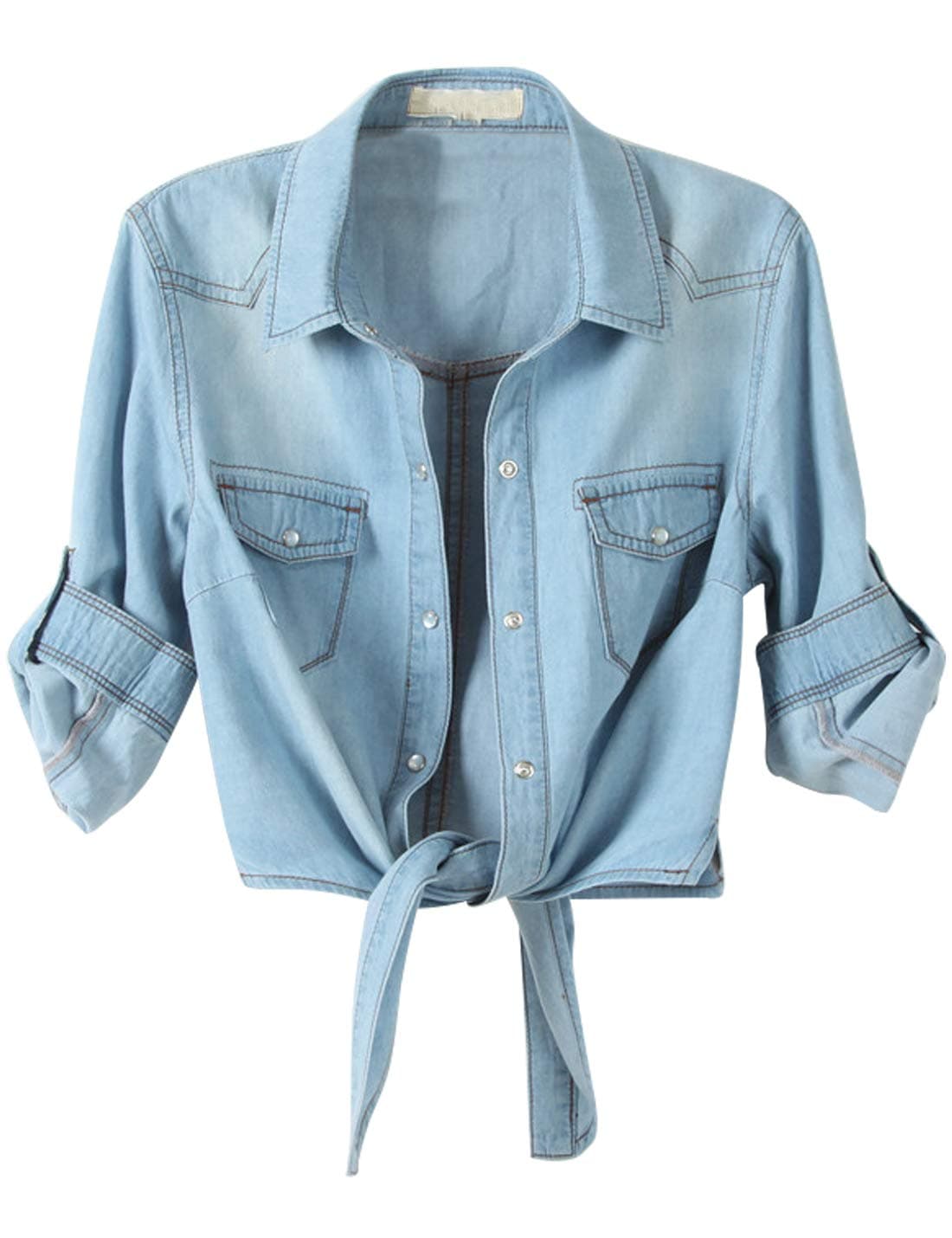 AMEBELLE Women's Roll Up 3/4 Sleeve Tie Front Knot Shirt Chambray Denim Crop Top(0088-LightBlue-M)
