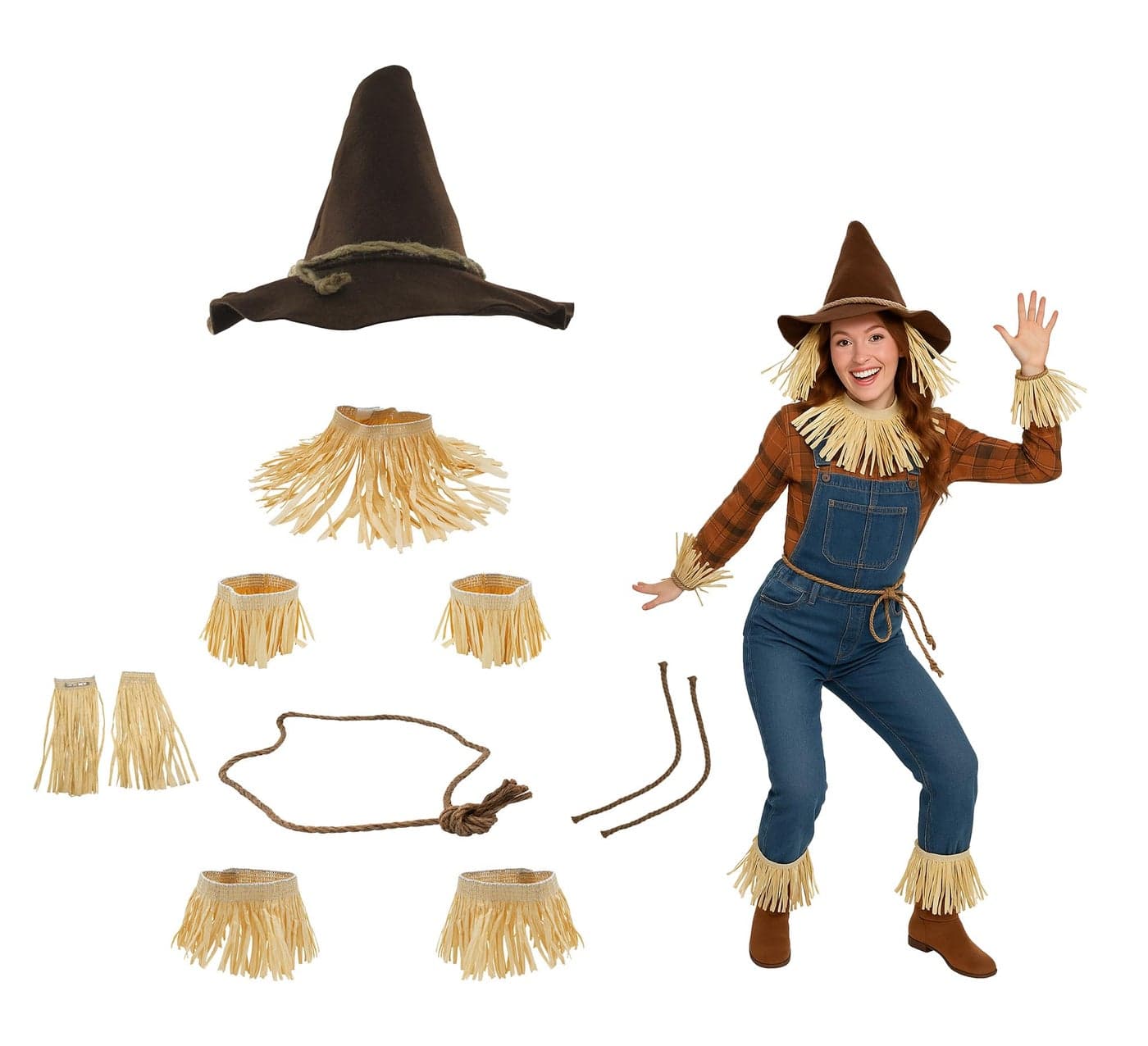Nicky Bigs Novelties Brown Scarecrow Hat & Straw Kit Adjustable Fit, Durable Felt, & Thick Raffia Straw Halloween Costume 11 Piece Set for Adults, Festivals, Cosplay & Fall Decorations