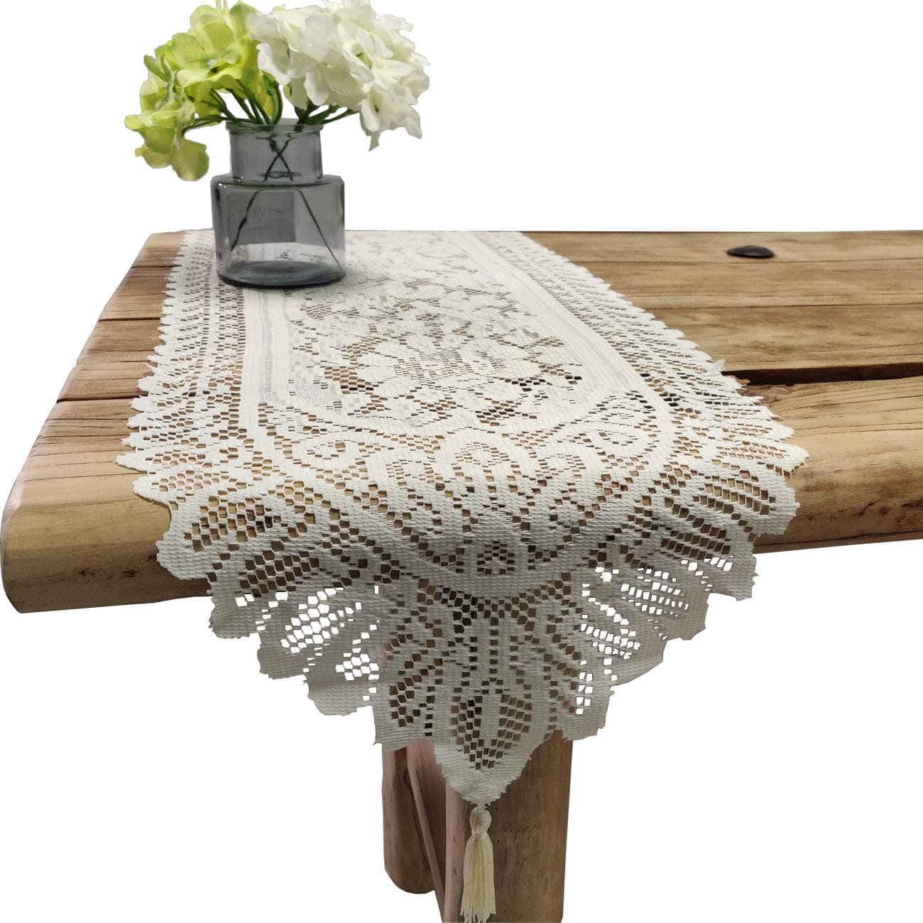Tinsow 2 Pack Cotton Crochet Lace Rectangular Table Runner Dresser Scarf Doilies Beige