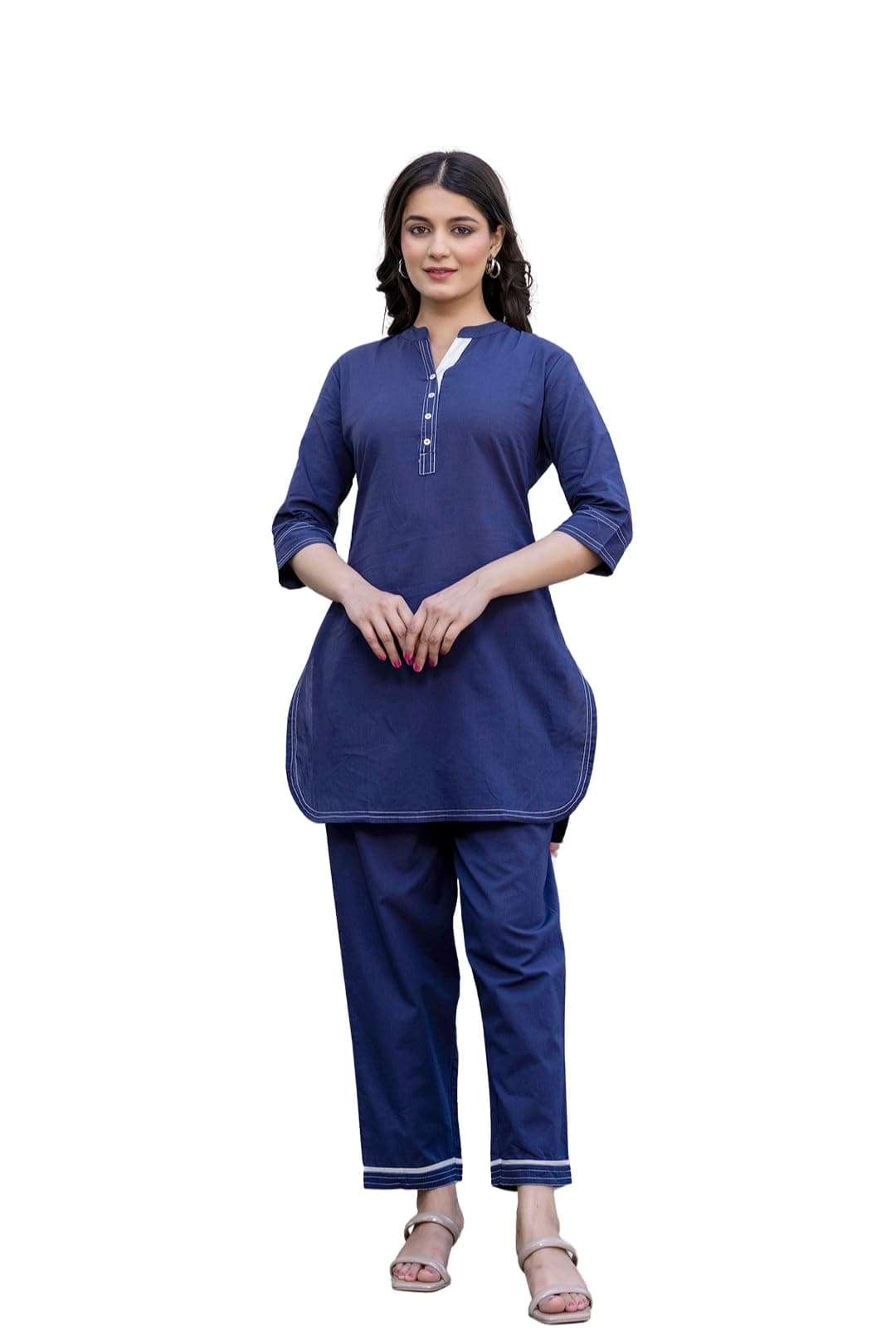 Pistaa's Women Pure Cotton Regular Solid Co-ord Set (Navy Blue, Small)