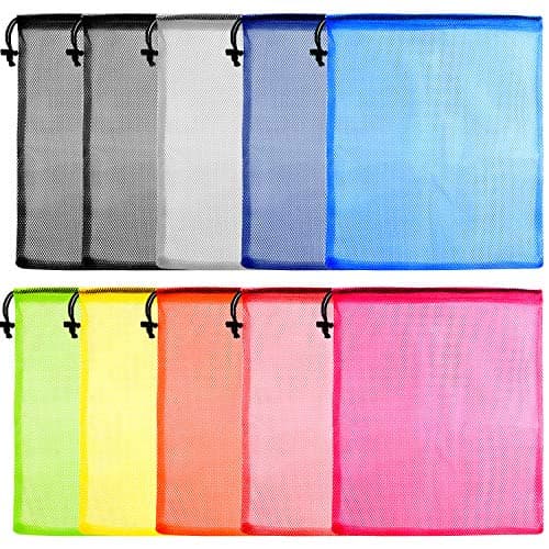 KUUQA 10 Pcs Mesh Drawstring Bag, Laundry Bag, Mesh Stuff Sack, Golf Ball Bag, Nylon Mesh Bag for Storage, Travel and Sports (Colorful, 13"x15.5")
