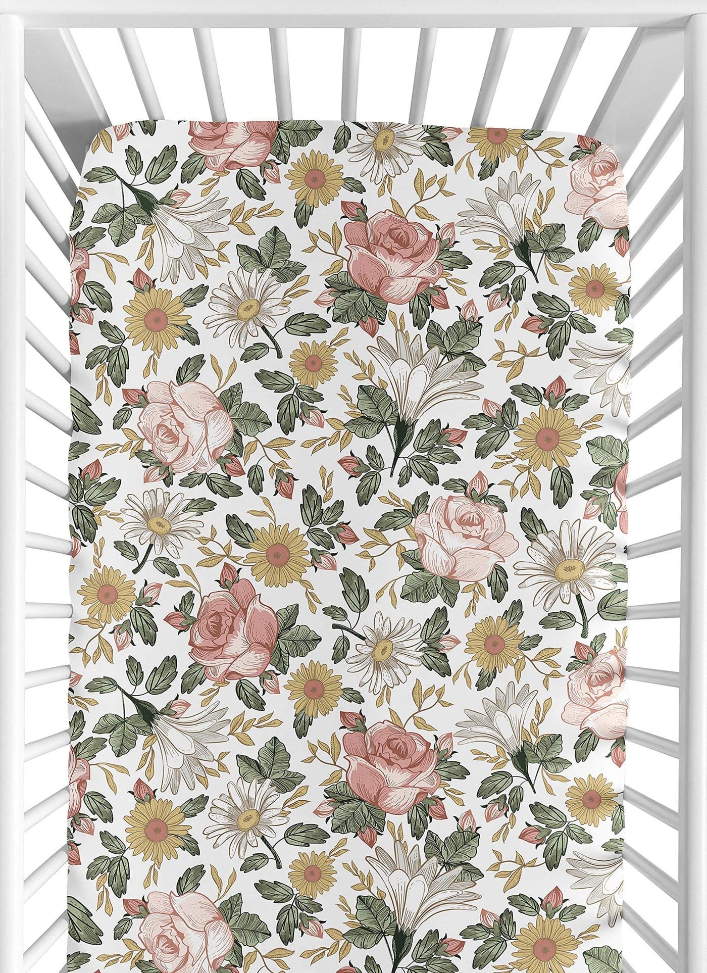 Sweet Jojo Designs Vintage Floral Boho Girl Fitted Crib Sheet Baby or Toddler Bed Nursery Blush Pink Yellow Green and White Shabby Chic Rose Flower Farmhouse