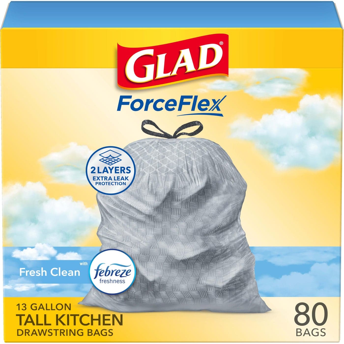 Glad ForceFlex Drawstring Trash Bags 13 Gallon Fresh Clean 80 Count Package May Vary